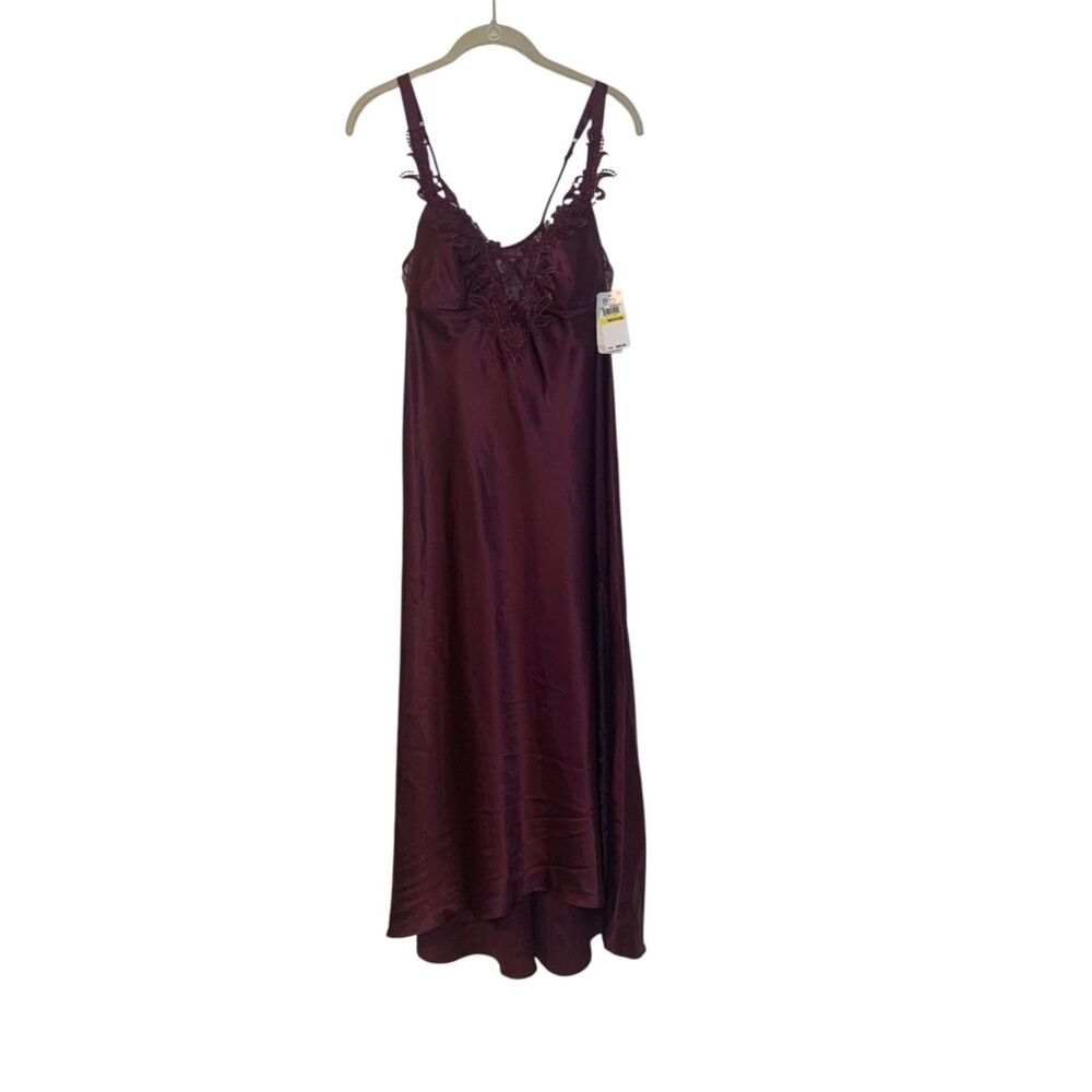 Flora Nikrooz Womens Stella Burgundy Satin Maxi Nightgown M Coquette Lace Sexy